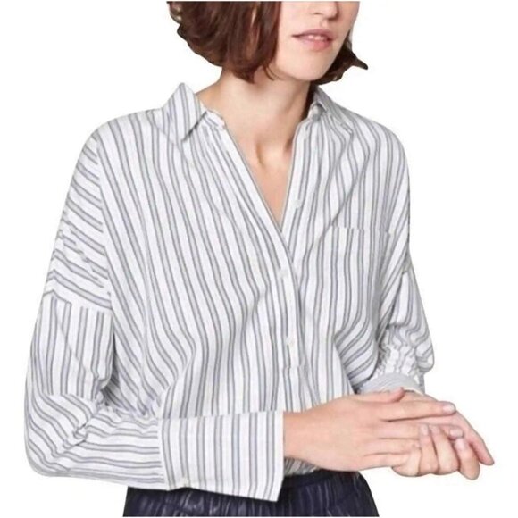 Joie White Selinde Oversized Blouse White Blue Striped Quarter Button Up Large‎ - Picture 1 of 11